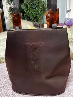 Yves Saint Laurent YSL Vintage Brown Satin Shoulder Tote Bag Vintage Tortoise
